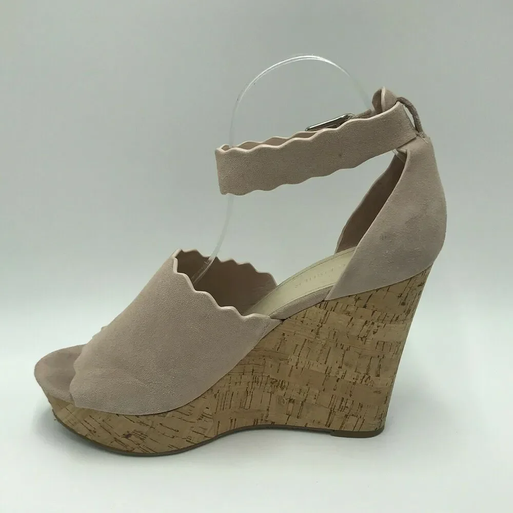 Marc Fisher 10M Natural Taupe Haya Scallop Ankle Strap Espadrille Wedge Sandal
